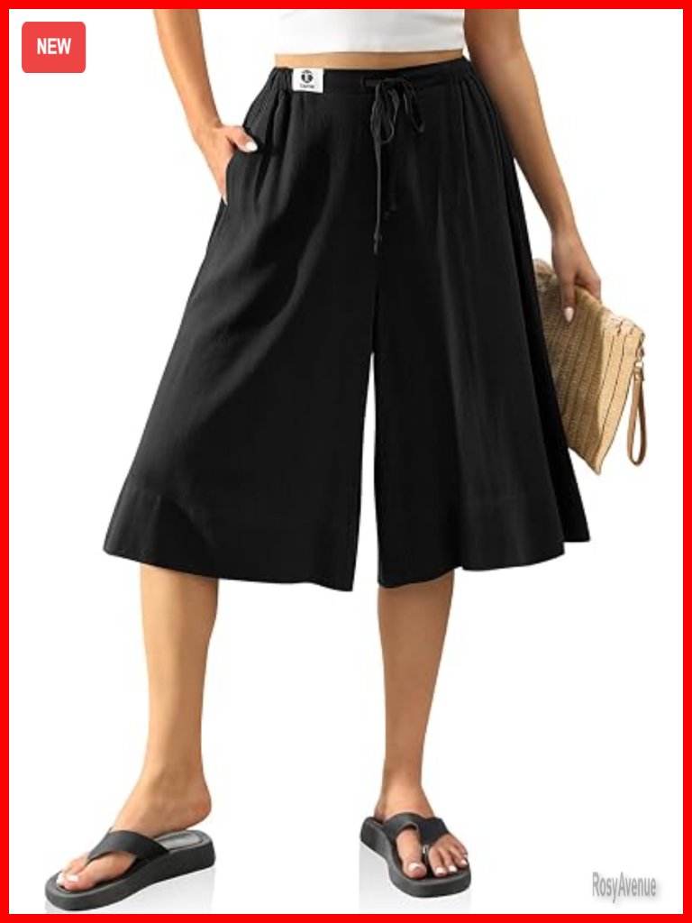 Linen Capri Pants Wide Leg Drawstring Elastic Waist Pockets